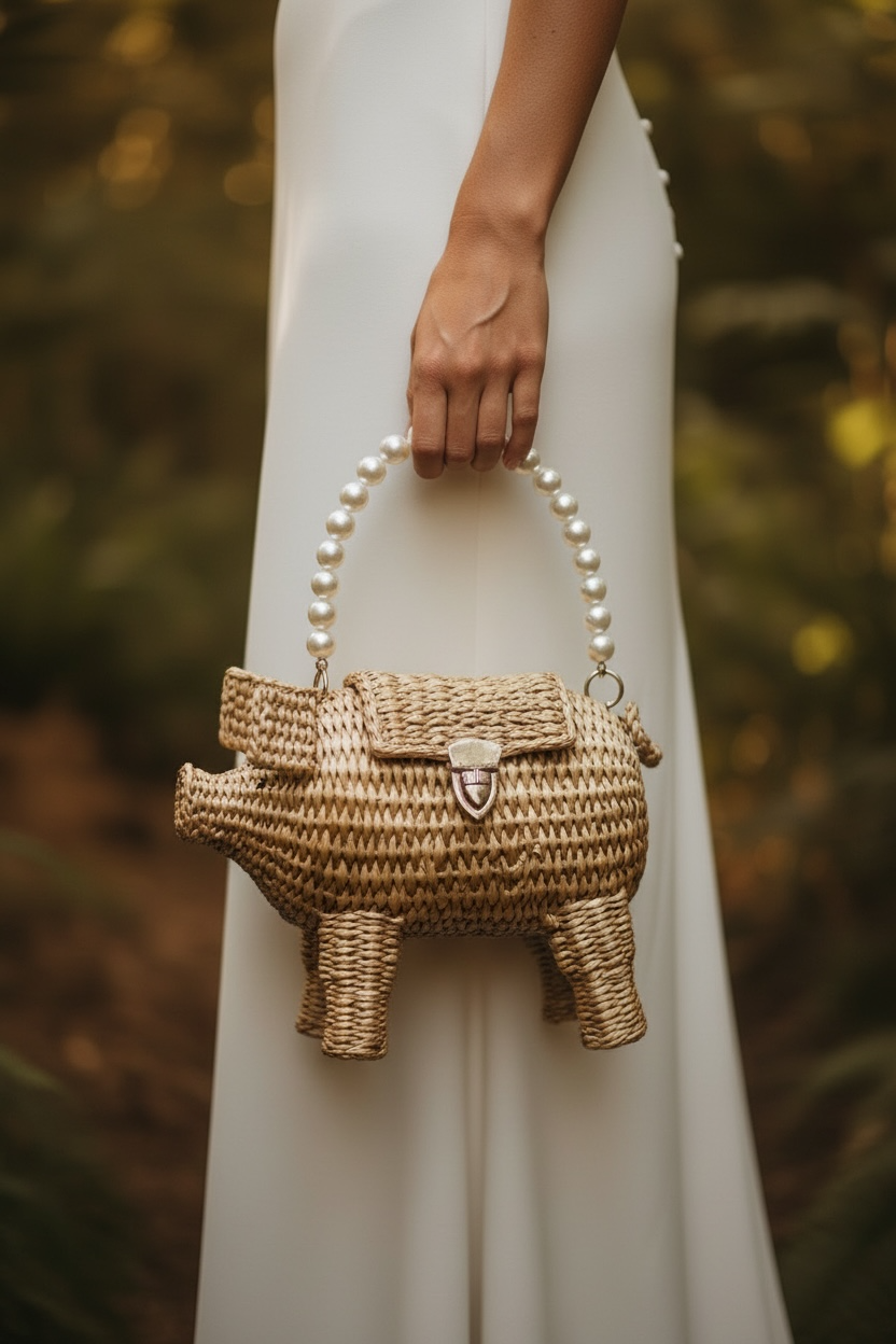 Handcrafted pig-shaped straw clutch worn by model in formal attire, luxury artisan wedding clutch, unique regalo para mujer