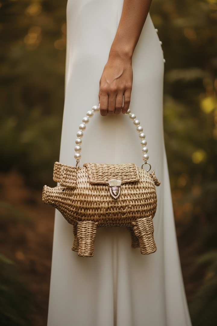 Handcrafted pig-shaped straw clutch worn by model in formal attire, luxury artisan wedding clutch, unique regalo para mujer