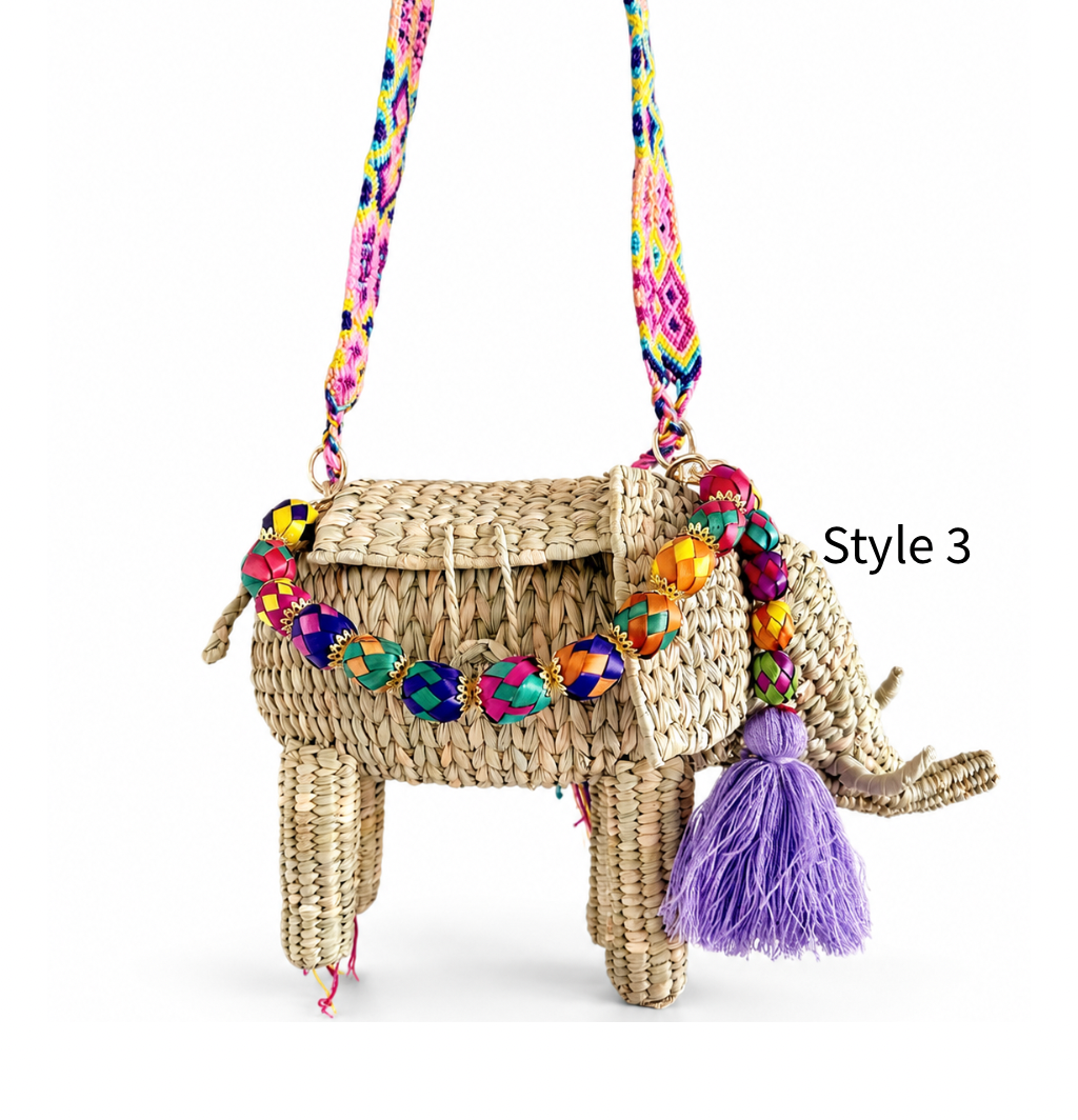 Bootsologie handmade elephant crossbody bag with top handle, colorful strap and natural woven straw body