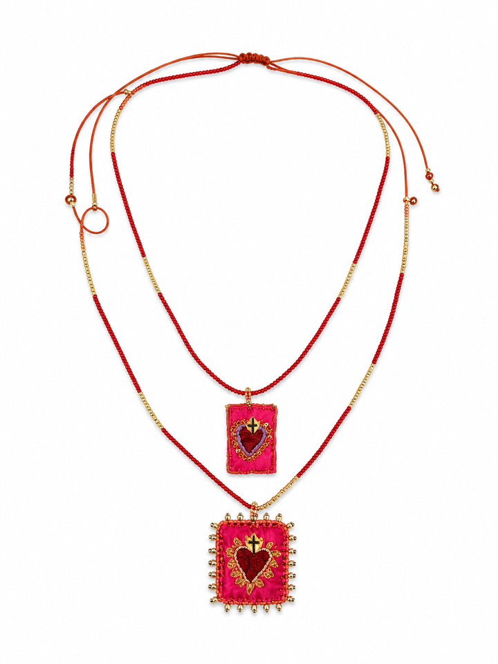 Hand Embroidered Sacred Heart Necklace – Mexican Milagros Artisan Jewelry