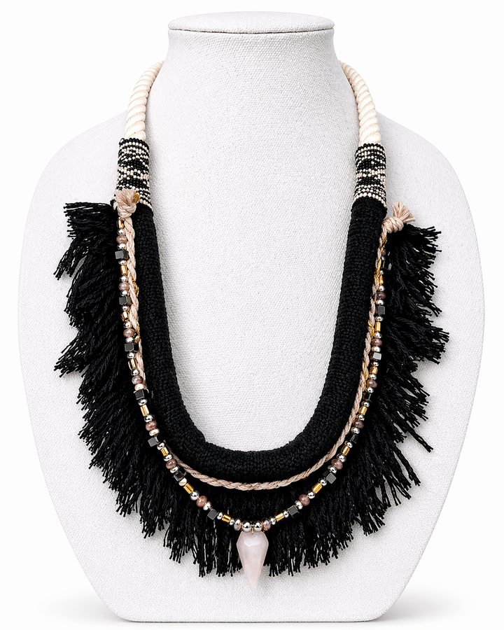 Boho Fringe Statement Necklace – Handmade Textile Bib Necklace