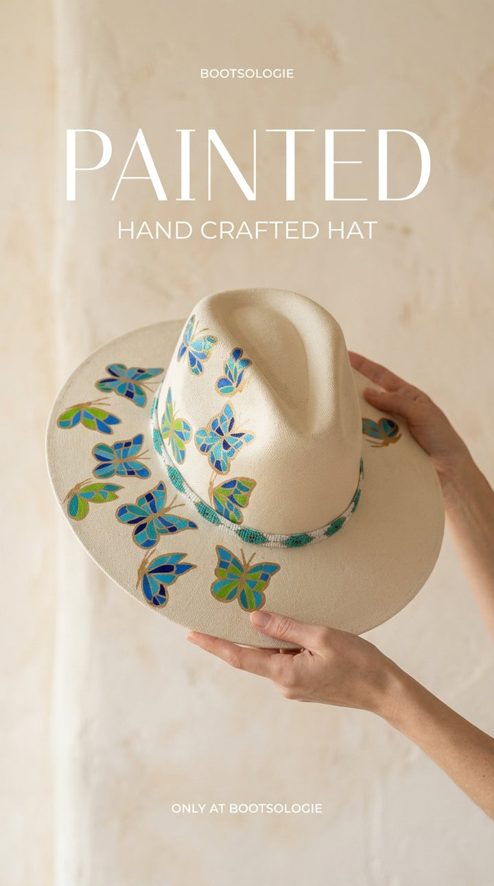 Butterflies Hand Painted Fedora Hat with Huichol Band