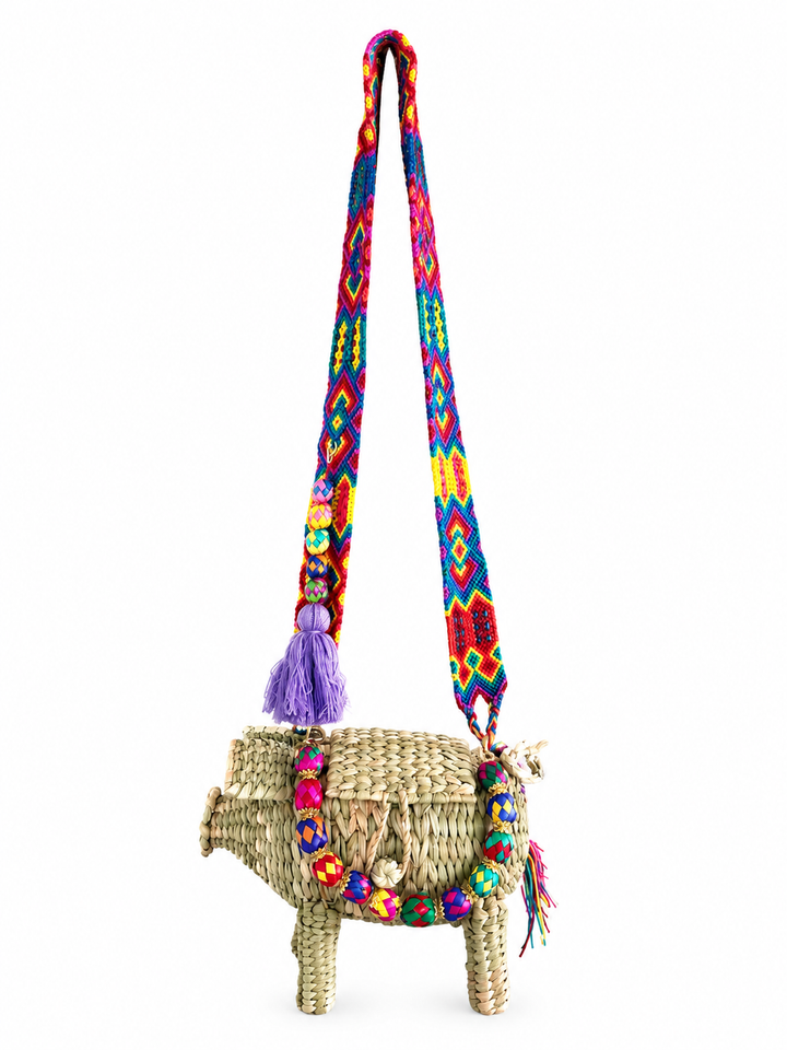 Pig Palm Crossbody Bag – Handwoven Straw Animal Bag with Woven Strap