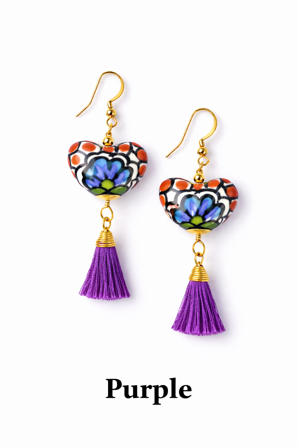 Talavera Pottery Heart Earrings with Colorful Tassels