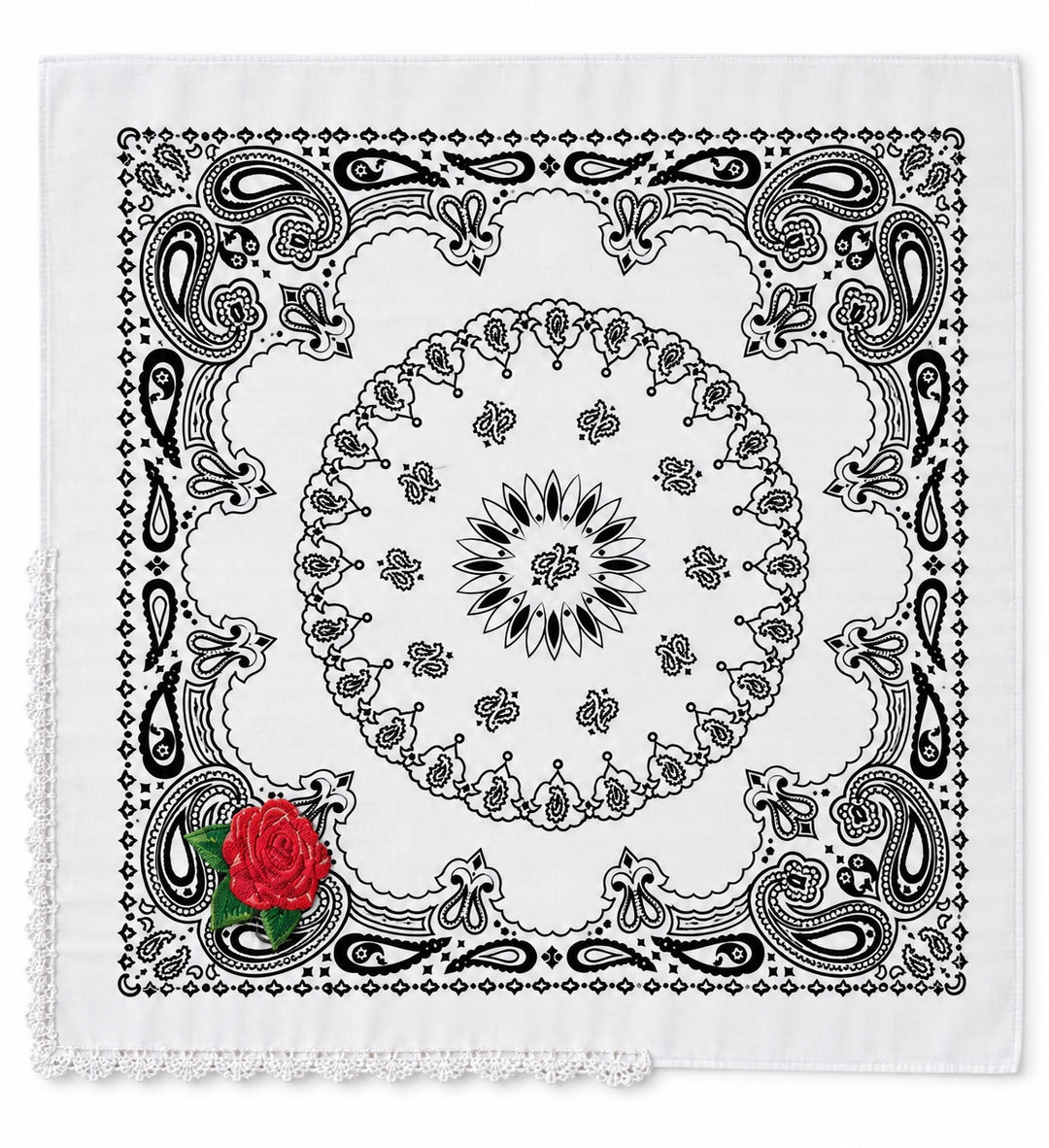 Embroidered Cotton Bandana Blue Paisley Red Rose Crochet Trim Scarf