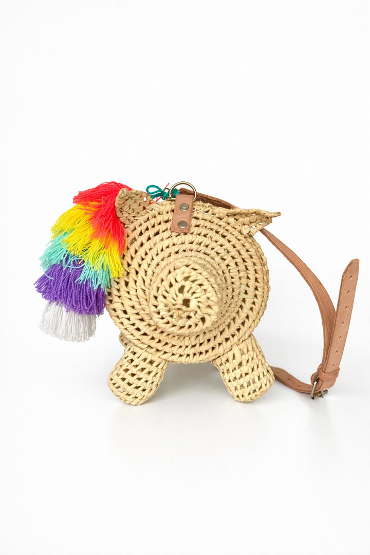 Colorful Pig Palm Crossbody Bag – Handwoven Raffia Animal Bag with Leather Strap