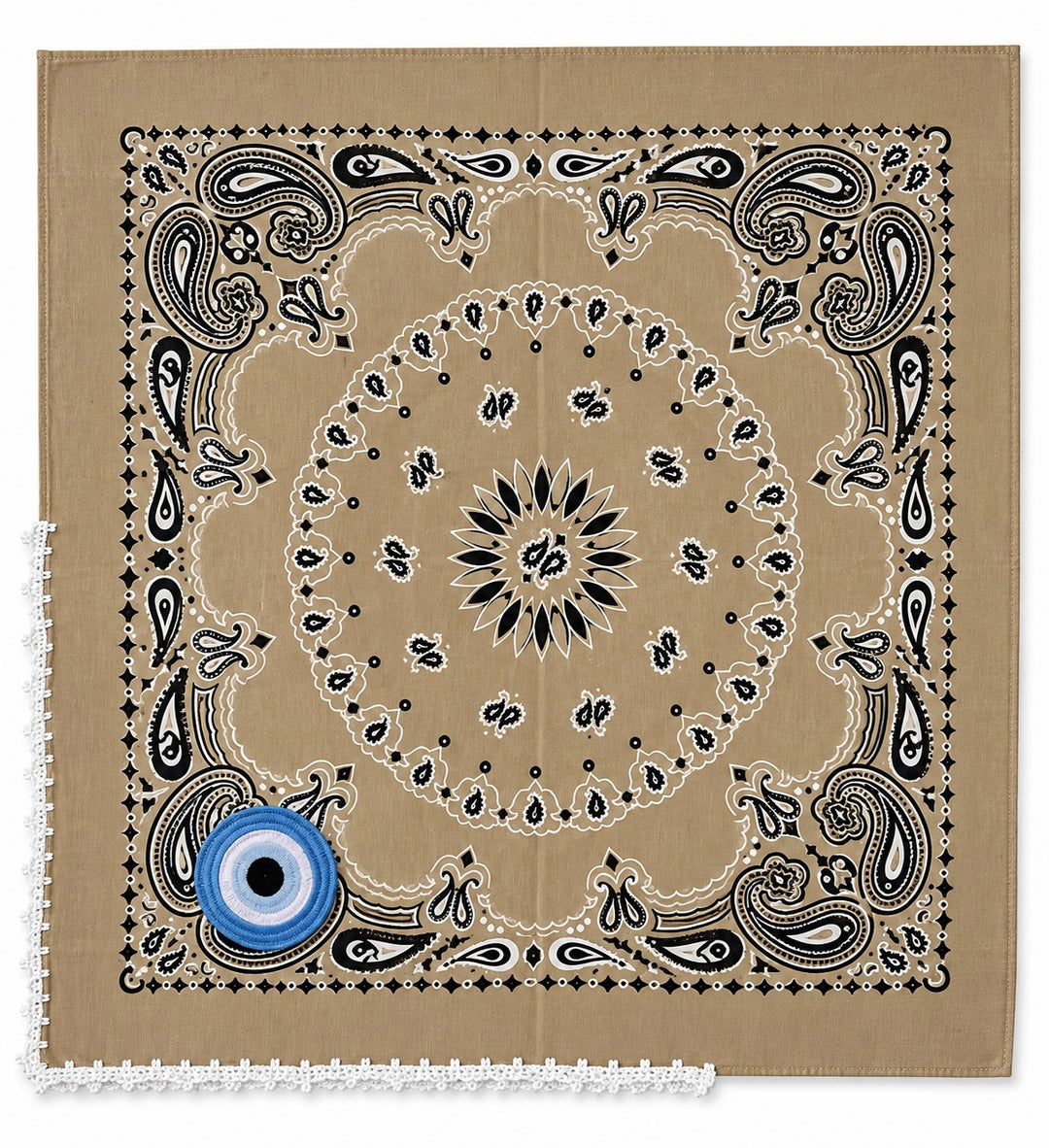 Embroidered Evil Eye Bandana – Cotton Paisley Scarf with Crochet Trim