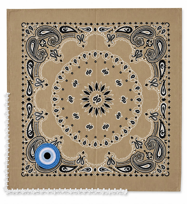 Embroidered Evil Eye Bandana – Cotton Paisley Scarf with Crochet Trim