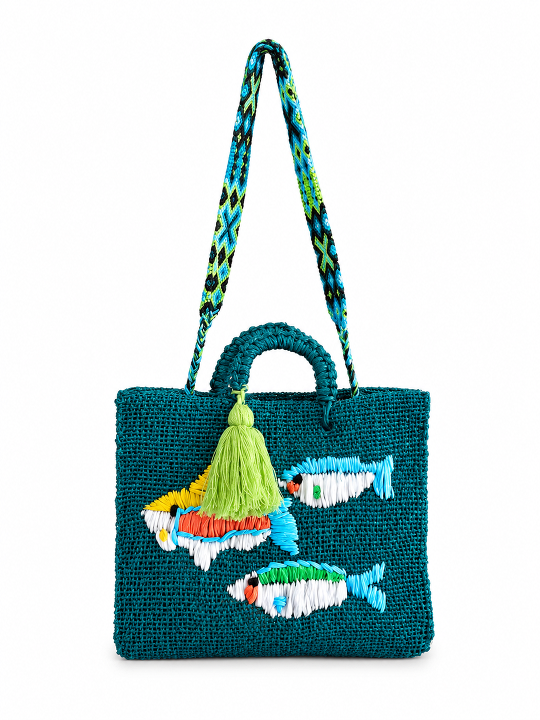 Handmade Mexican fish tote bag in teal woven ixtle fiber with colorful embroidered fish and artisan tassel on white background