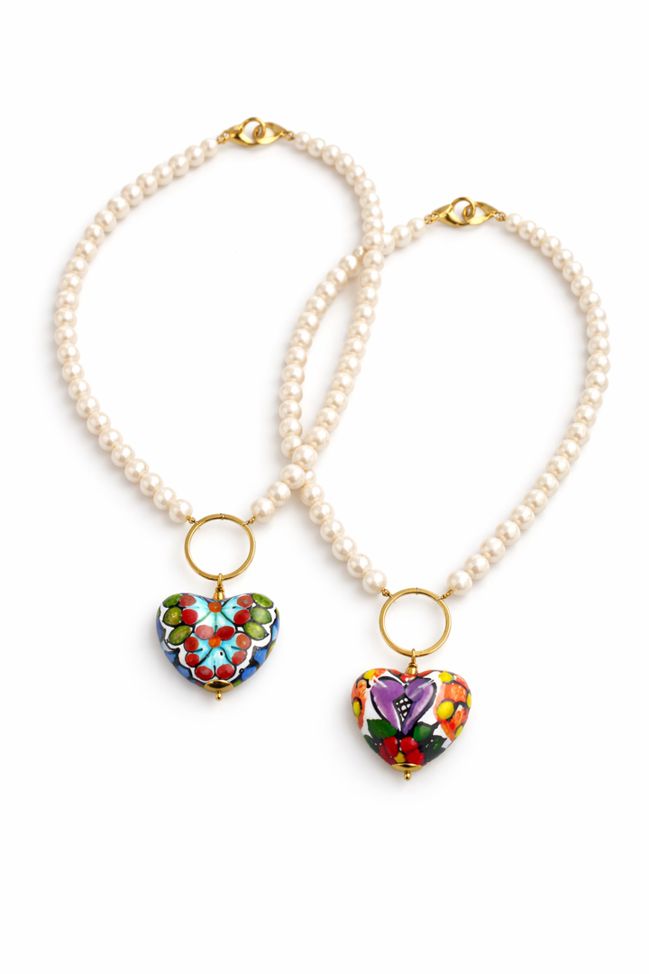 Pearl Necklaces with Talavera Heart Pendants