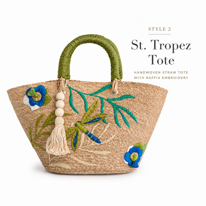 Handmade Embroidered Raffia Tote Bag