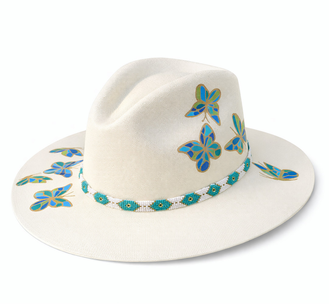 Butterflies Hand Painted Fedora Hat with Huichol Band