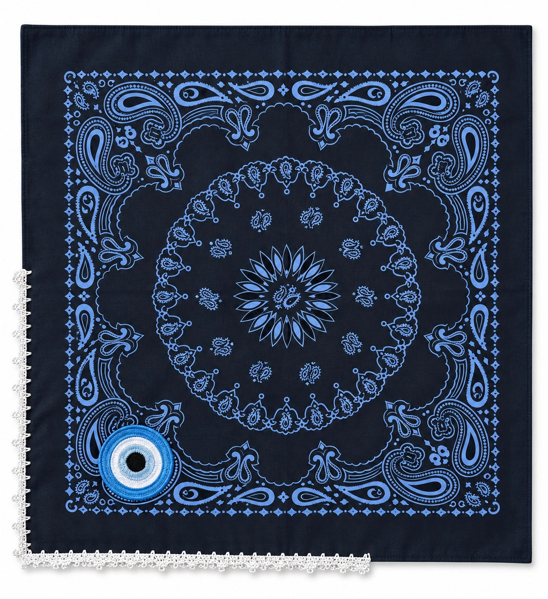 Embroidered Evil Eye Bandana – Cotton Paisley Scarf with Crochet Trim
