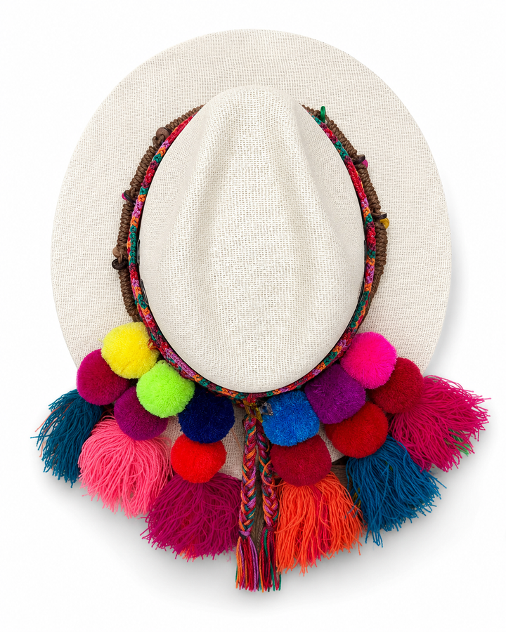 Boho wide brim straw hat for women with bright geometric woven band and bead accents