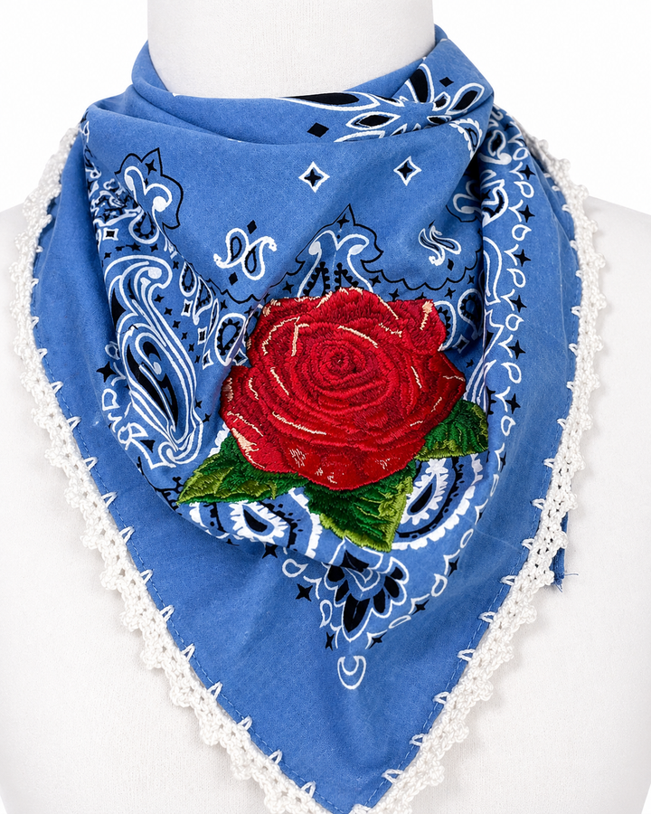 Embroidered Cotton Bandana Blue Paisley Red Rose Crochet Trim Scarf