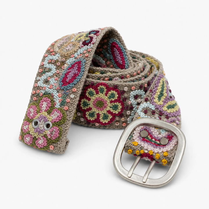 Peruvian Embroidered Wool Belt – Beige Floral Boho Jeans Belt