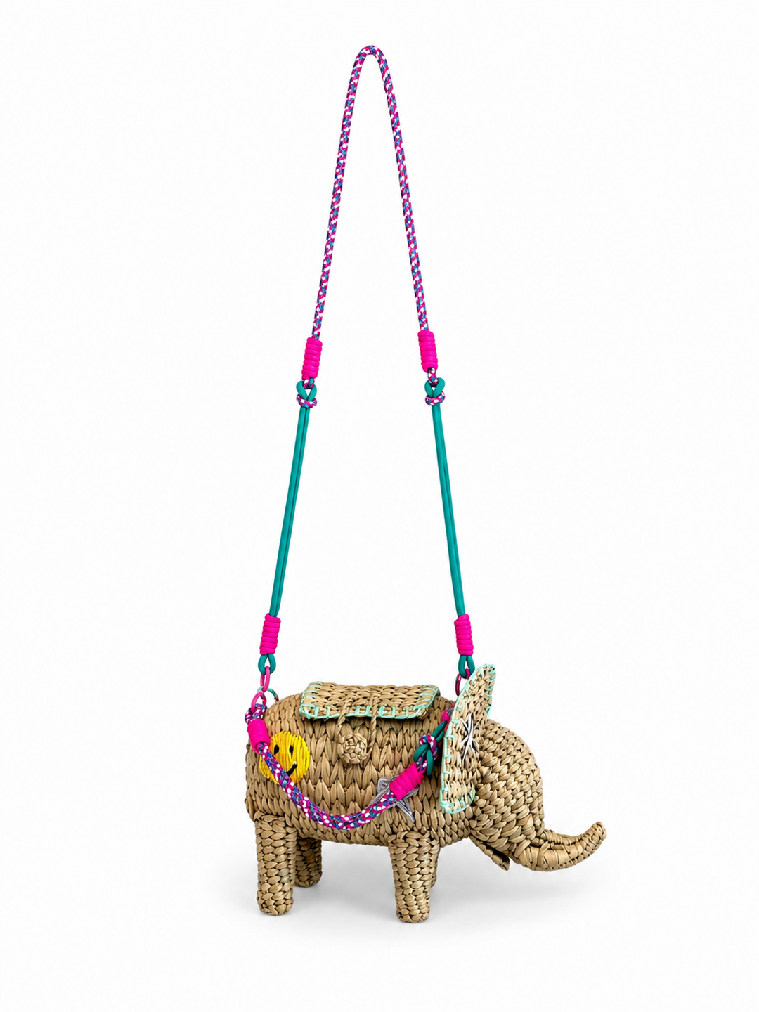 Embroidered Elephant Straw Crossbody Bag