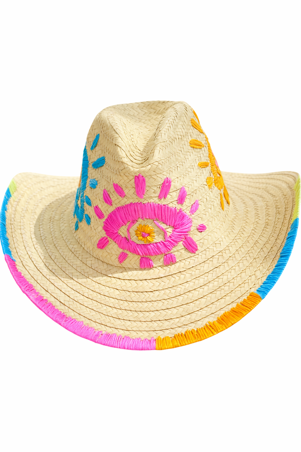 Hand embroidered straw sun hat for women with artisan eye motif on clean white background