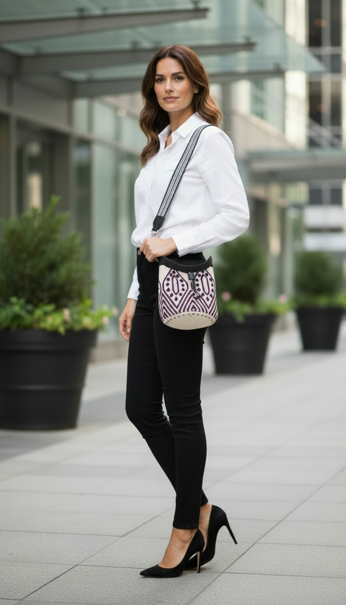 Woman wearing black and cream woven bucket bag crossbody style modern outfit Bootsologie