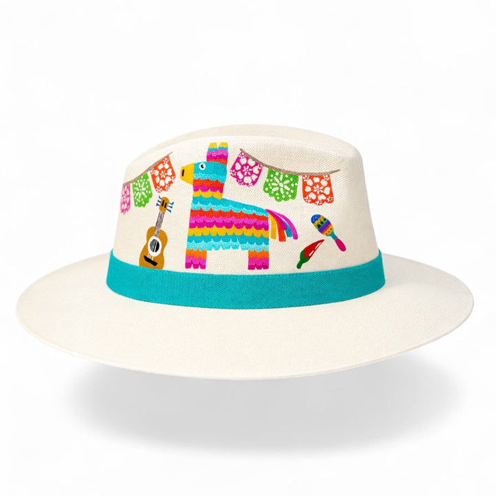 Hand painted Mexican Fiesta hat on white background with colorful piñata burro, papel picado, guitar, maraca, chile pepper, and bright green band by Bootsologie