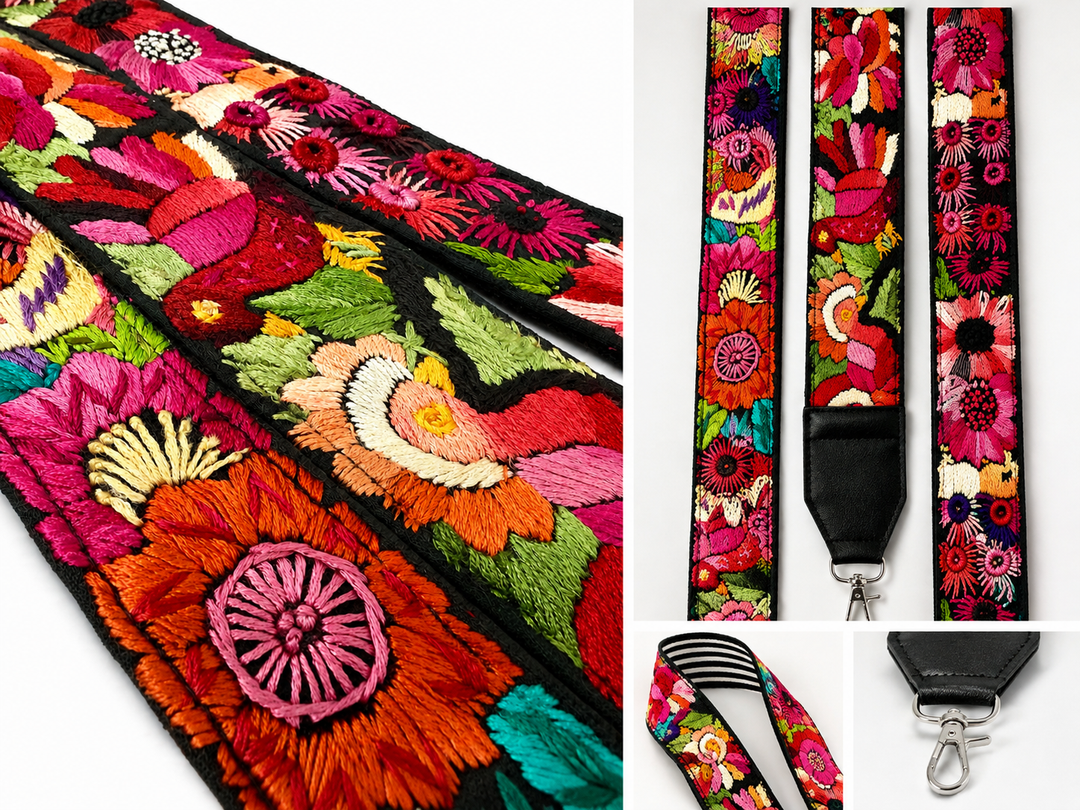 Guatemalan Embroidered Bag Strap with Black Ends