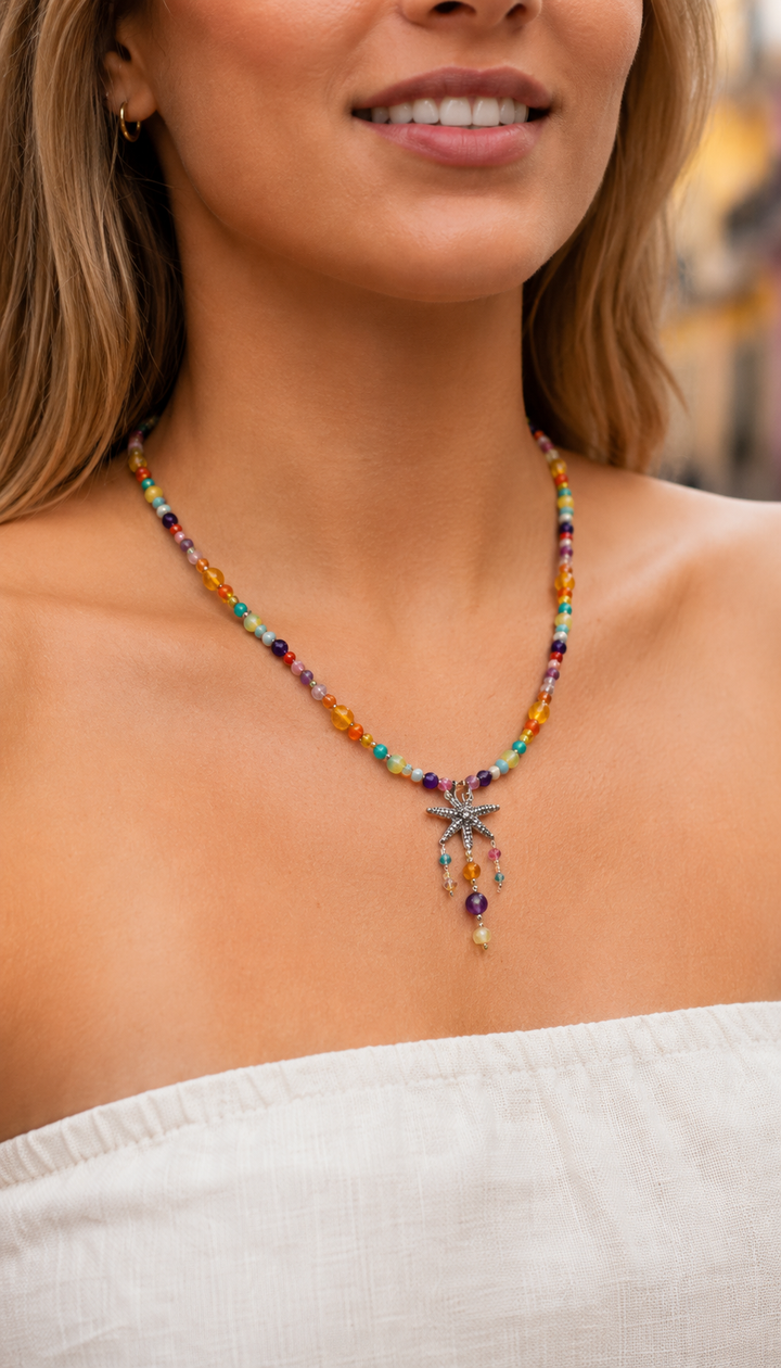 Close-up of Silver .925 piñata pendant with colorful gemstone bead necklace