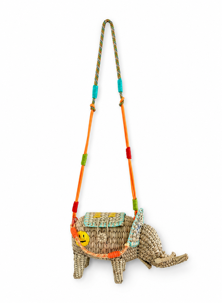Embroidered Elephant Straw Crossbody Bag
