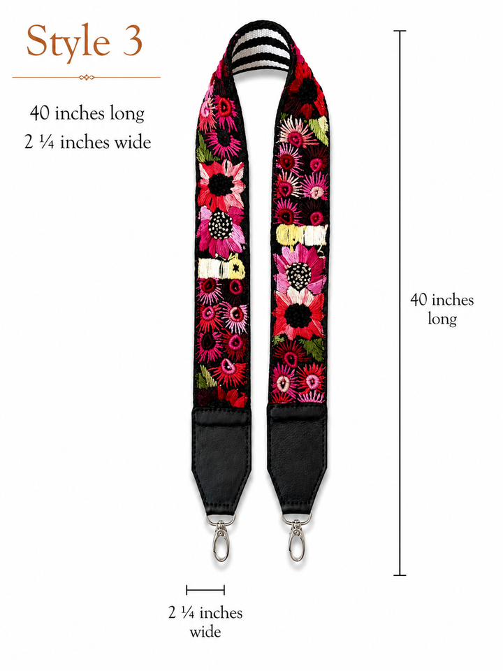 Guatemalan Embroidered Bag Strap with Black Ends