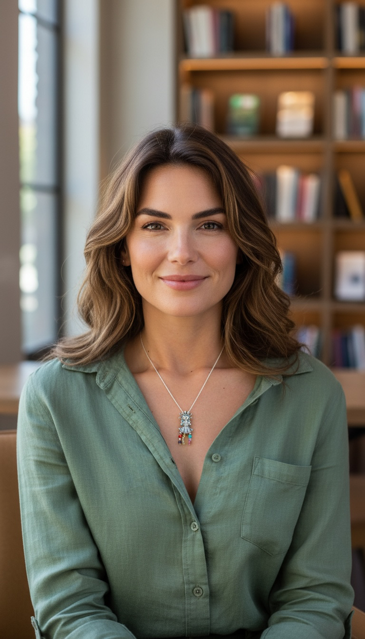 Woman wearing a Mexican doll silver necklace with colorful gemstone drops