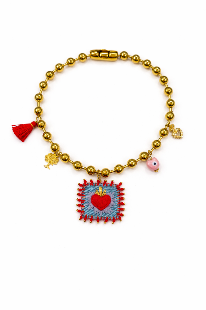 Sacred Heart Embroidered Necklace and Gold Chain