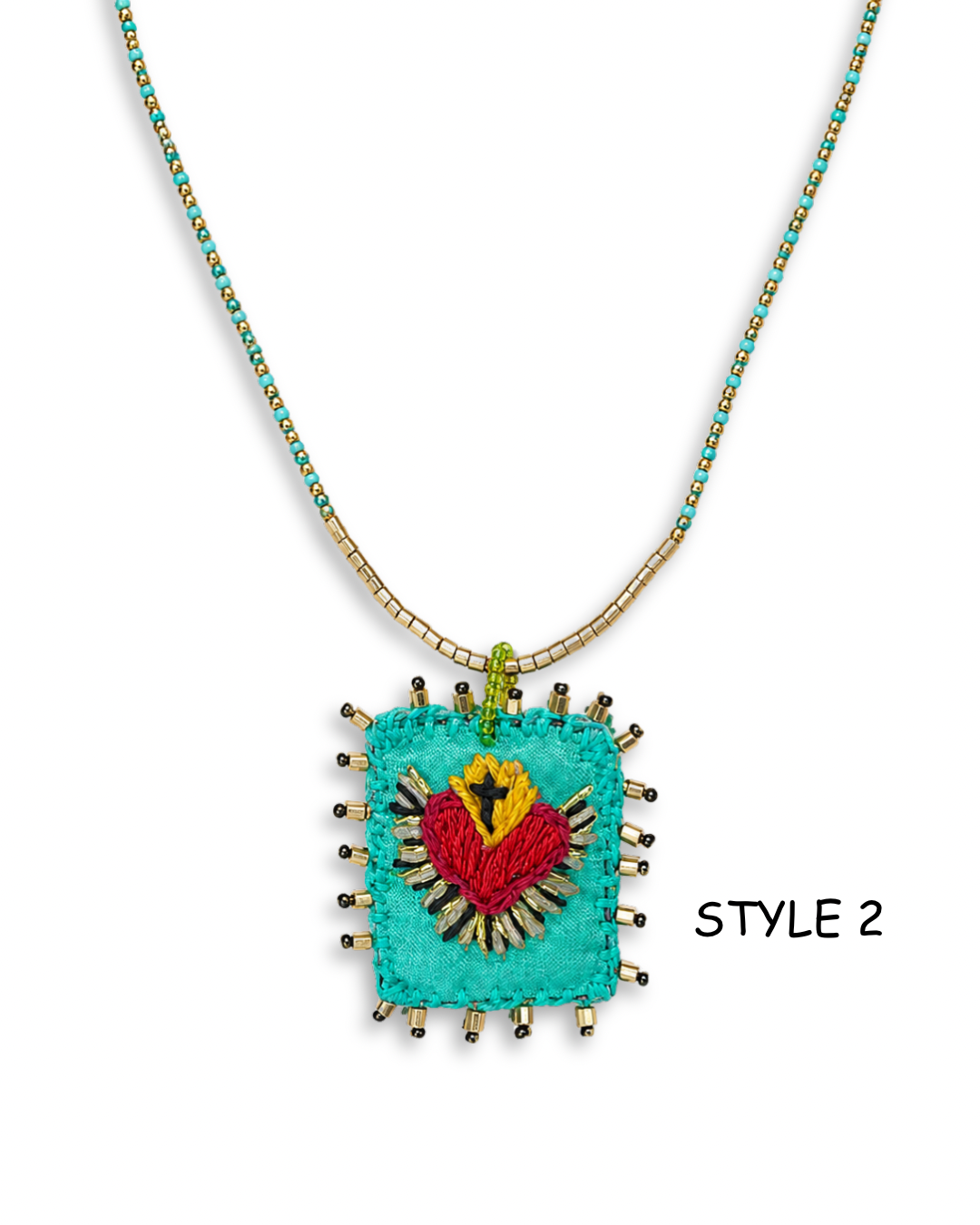 Hand Embroidered Sacred Heart Necklace – Mexican Milagros Artisan Jewelry
