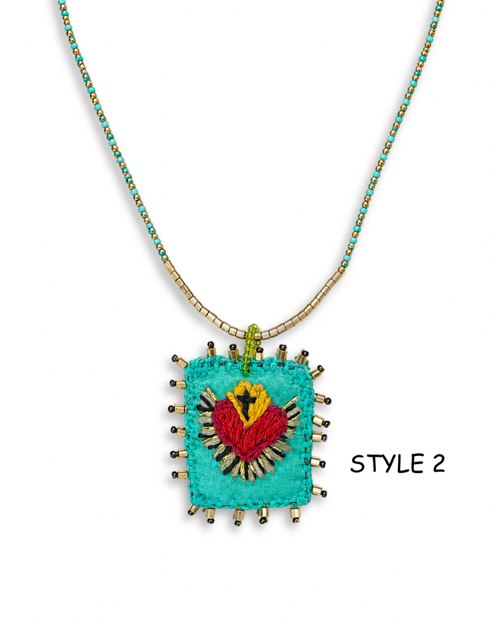 Hand Embroidered Sacred Heart Necklace – Mexican Milagros Artisan Jewelry