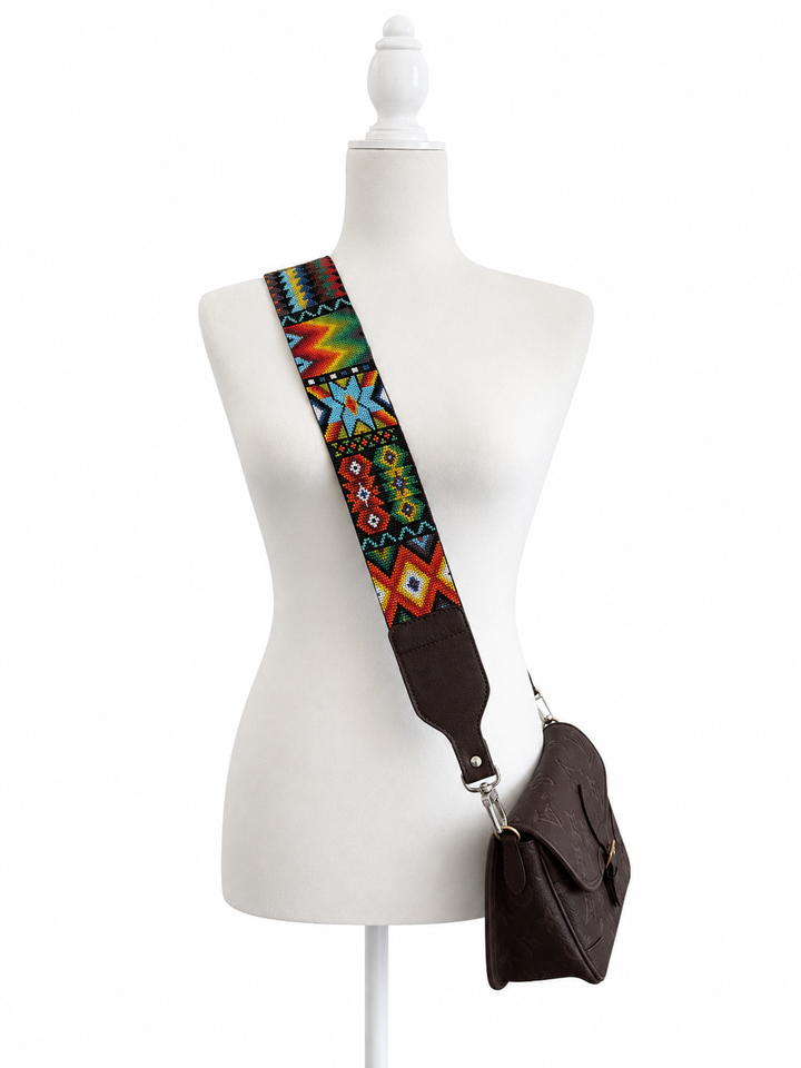 Huichol Beaded Purse Strap with Genuine Brown Leather