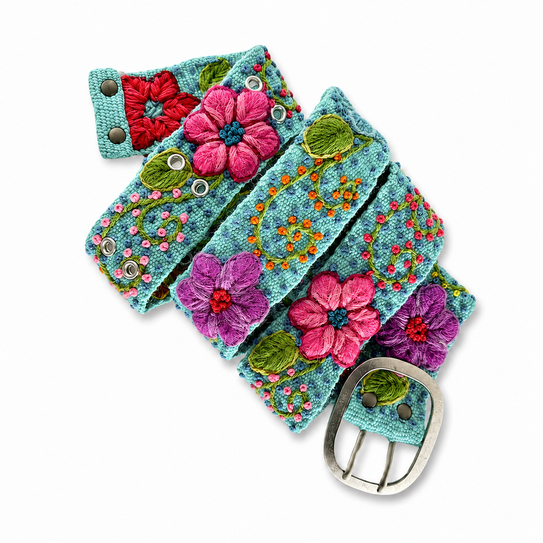 Peruvian Embroidered Wool Belt in Turquoise Floral Design
