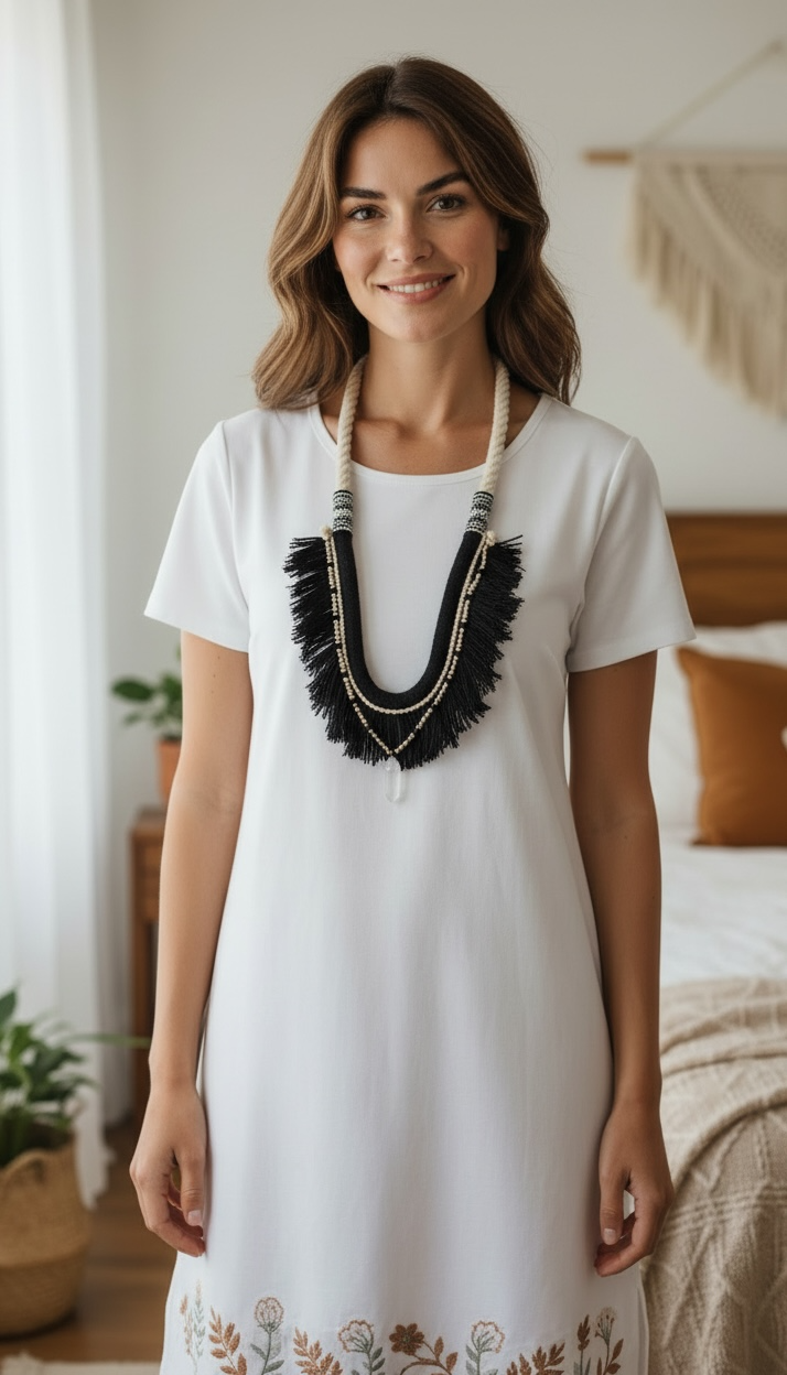 Boho Fringe Statement Necklace – Handmade Textile Bib Necklace