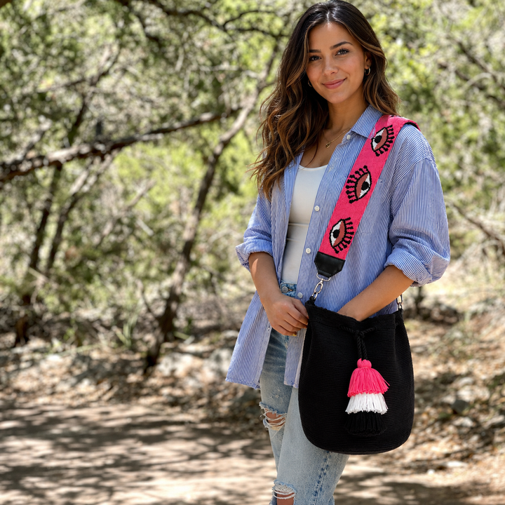 Black Wayuu Mochila Bag with Eye Motif Strap