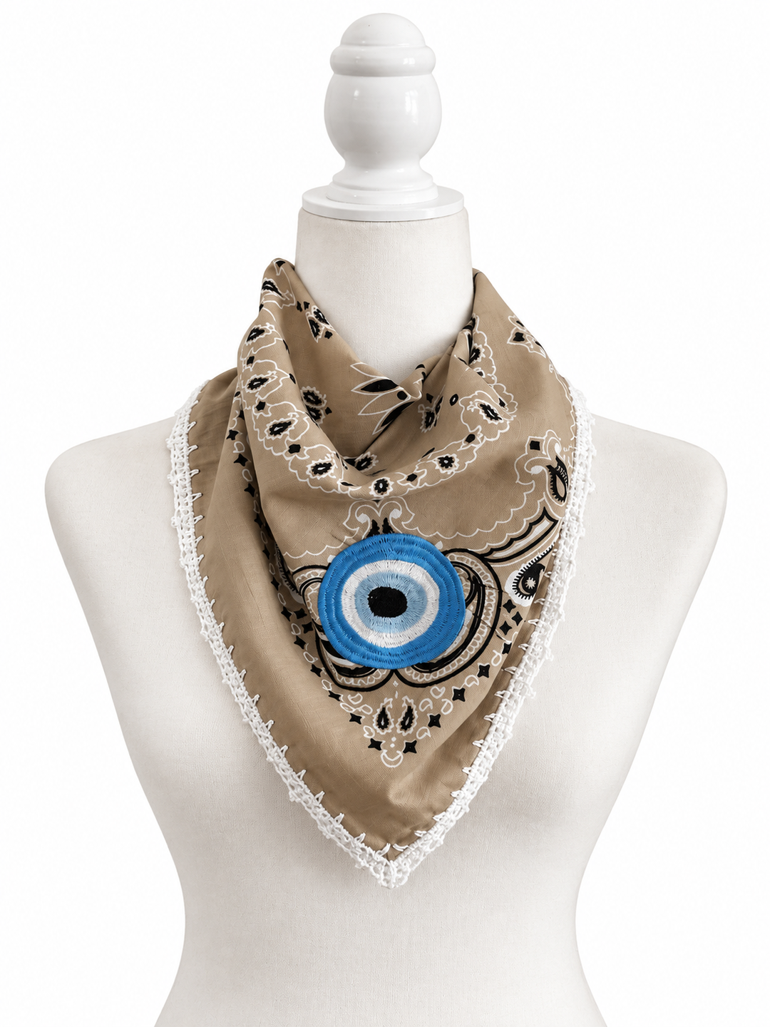 Embroidered Evil Eye Bandana – Cotton Paisley Scarf with Crochet Trim