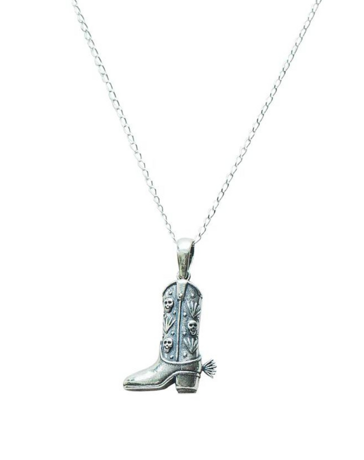 Mexican Silver .925 cowboy boot necklace with western pendant on white background