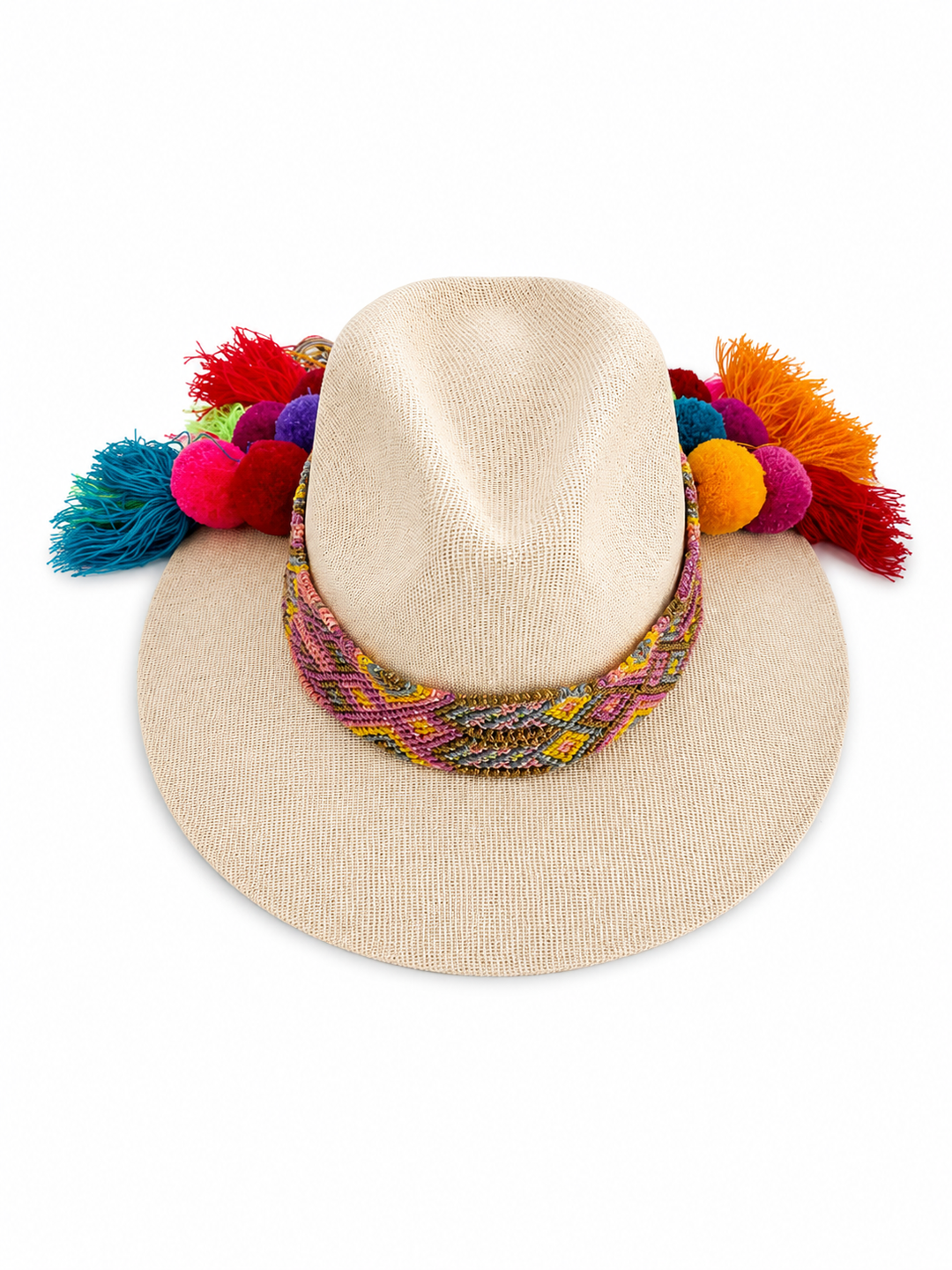 Mexican Painted Canvas Sun Hat for Women | Pom Pom Wide Brim Hat