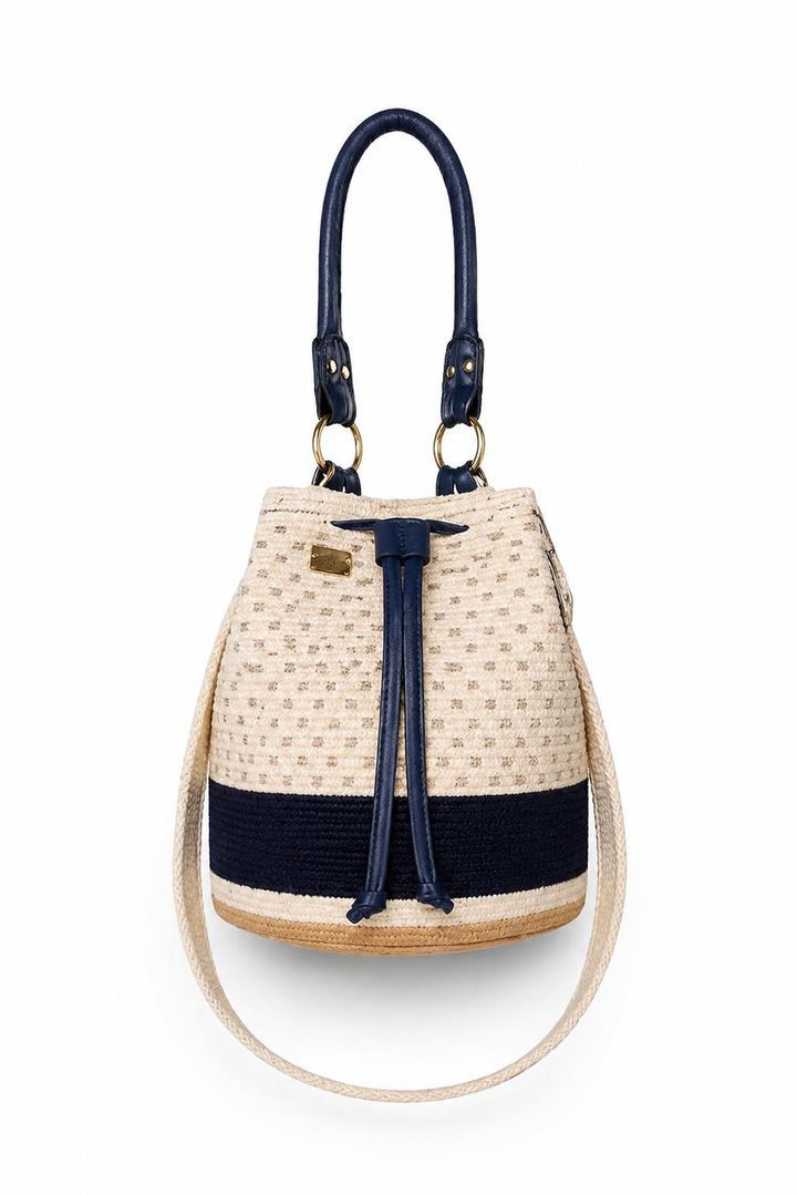 Colombian Wayuu mochila bag with leather handle and woven strap
