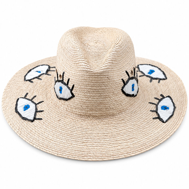 Handmade Eye Motif Straw Hat | Mexican Wide Brim Sun Hat