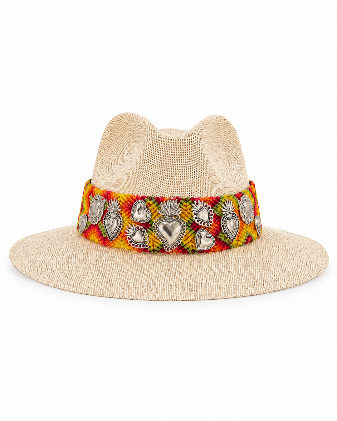Handmade straw fedora hat with colorful Oaxacan knitted band and silver heart charms on white background