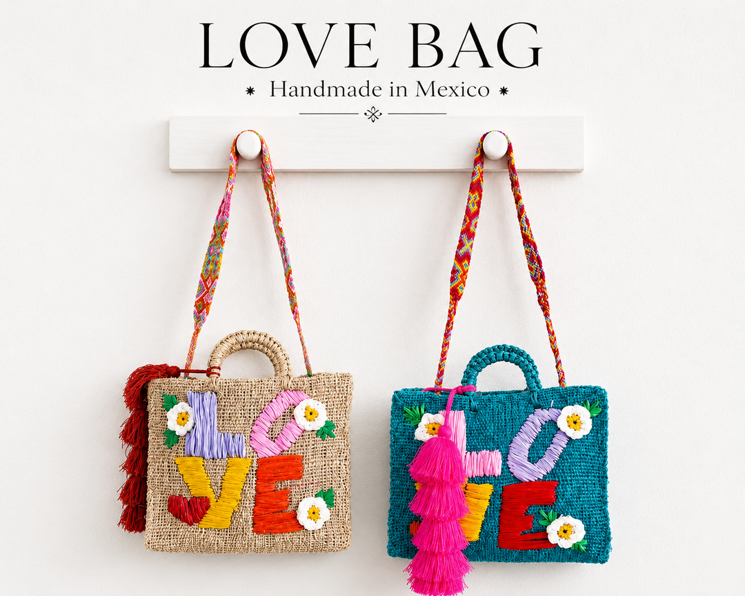 Handmade Mexican LOVE tote bags in natural ixtle fiber with colorful embroidery and red tassel on white background