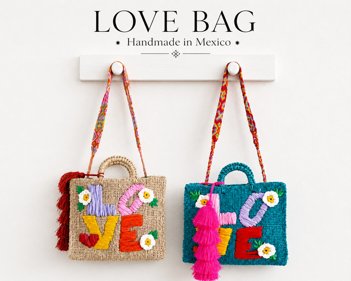 Handmade Mexican LOVE tote bags in natural ixtle fiber with colorful embroidery and red tassel on white background