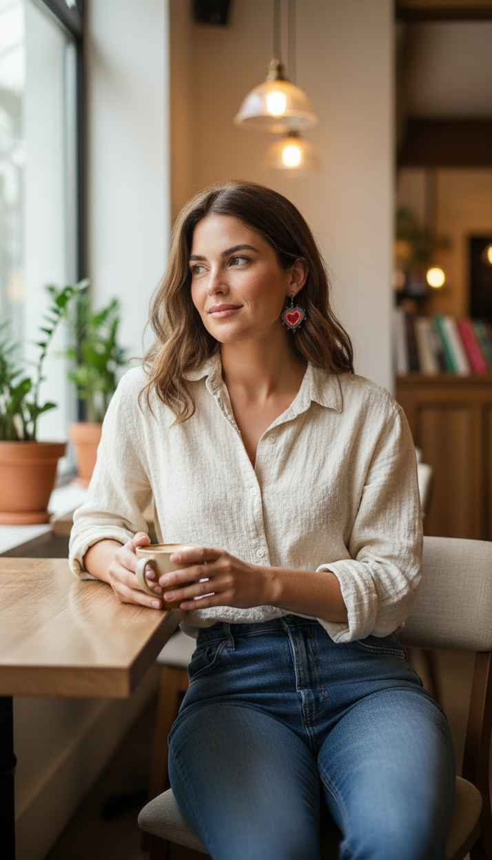 Woman wearing handmade Sacred Heart embroidered earrings with casual boho fashion styling