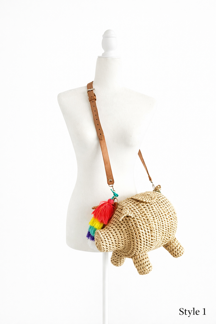 Colorful Pig Palm Crossbody Bag – Handwoven Raffia Animal Bag with Leather Strap