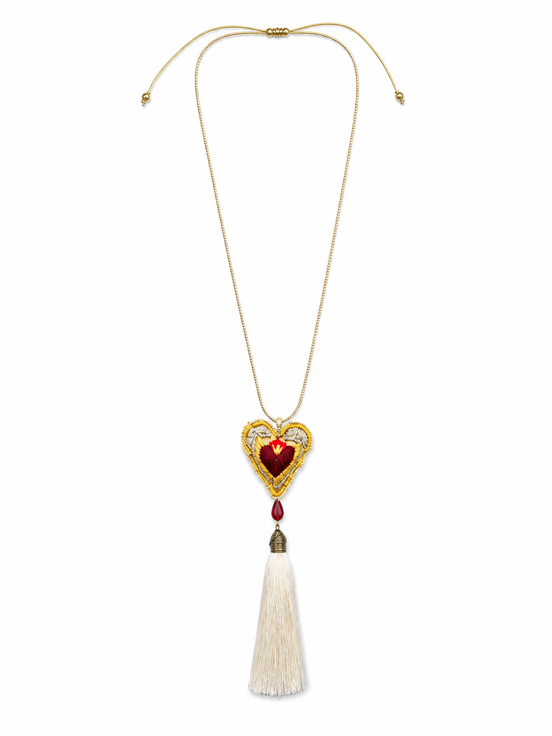 Colorful floral sacred heart necklace with green beaded necklace and dangling bead tassels on white background