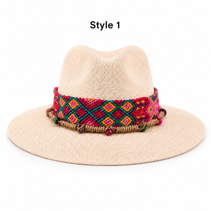 Mexican Painted Canvas Sun Hat for Women | Pom Pom Wide Brim Hat