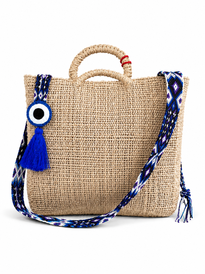 Handmade Mexican Jute Tote Bag with Eye Motif | Colorful Artisan Crossbody Shoulder Bag