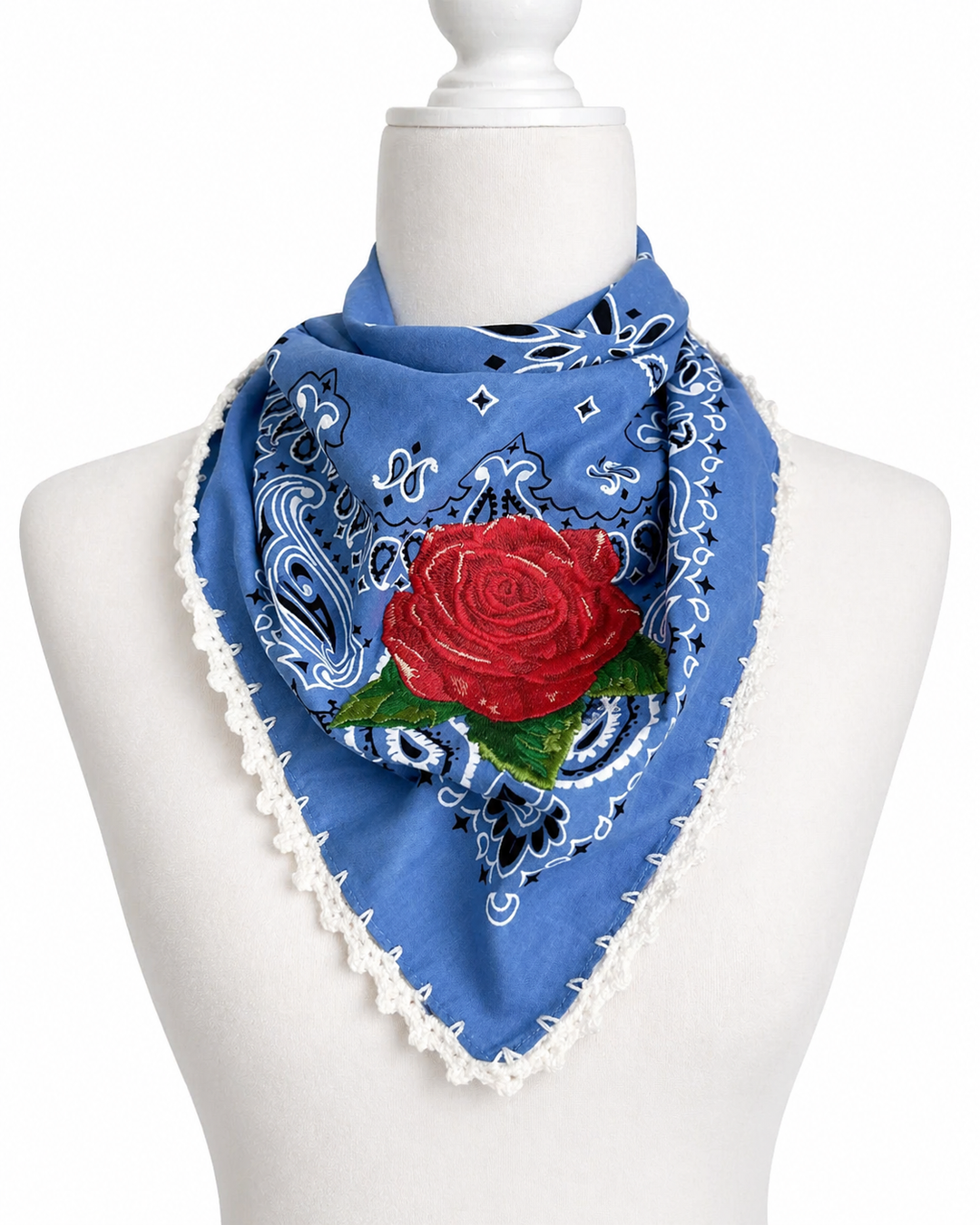 Bandana styled on mannequin neck blue paisley rose embroidery

